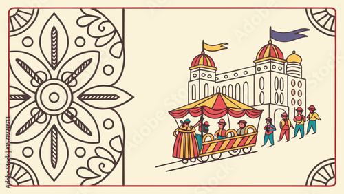 Vibrant Cultural Procession with Ornate Palace and Traditional Decorative Art