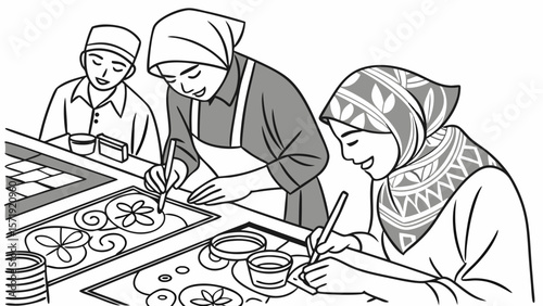 Illustration of people crafting traditional batik art. Group of artisans hand-drawing intricate patterns on fabric, showcasing cultural textile mak...