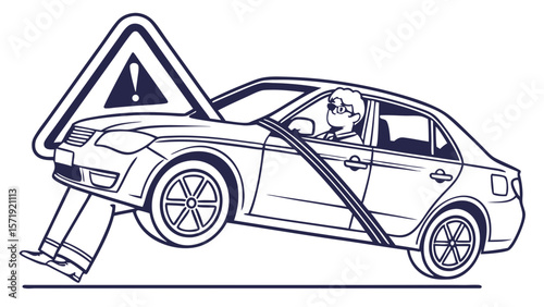 Conceptual illustration of car safety: Vehicle secured by giant seatbelt with human legs and warning sign. Automotive caution.