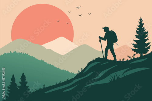 Minimalist Hiker Silhouette Against Sunset - Simple Adventure Vector