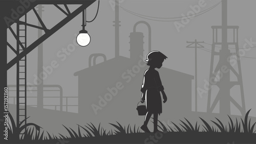 Child silhouette in desolate industrial landscape with factory structures and single glowing light, monochromatic illustration.