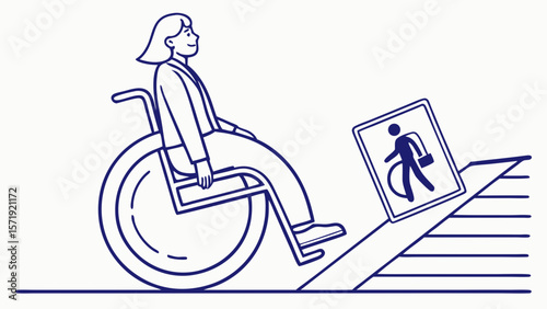 Wheelchair user climbing a ramp with an incline sign. Accessibility, mobility, and overcoming physical challenges illustration.