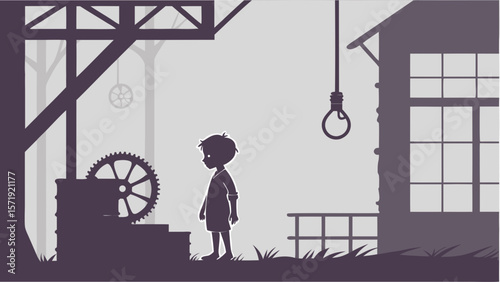Silhouette of a boy in a desolate, monochromatic industrial landscape with gears and a hanging lightbulb, evoking mystery.