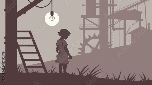 Child's silhouette in a stark industrial landscape under a single glowing light bulb, evoking solitude and contemplation.
