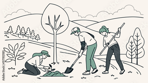 Community tree planting for environmental conservation. Volunteers gardening and reforesting nature landscape.