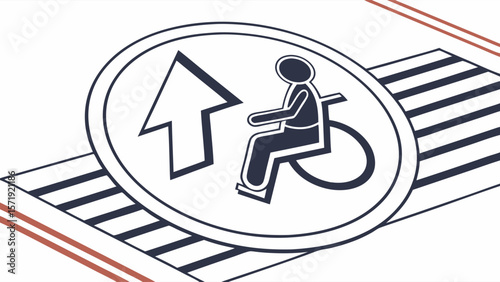 Accessibility Sign: Wheelchair Symbol and Upward Arrow on Striped Path, Inclusive Design Illustration