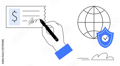 Hand signing check, shield with checkmark for security, world globe, and cloud. Ideal for finance, transactions, security, protection global banking trust agreements. Simple flat metaphor