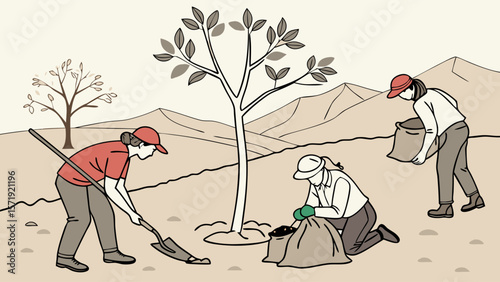 Group of Volunteers Planting Trees for Reforestation and Environmental Conservation Illustration