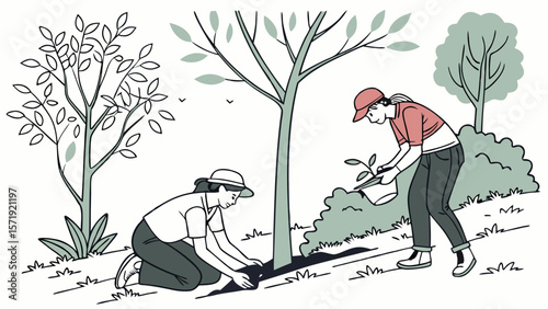 People Planting Trees: Environmental Conservation, Nature Restoration & Community Greening Illustration