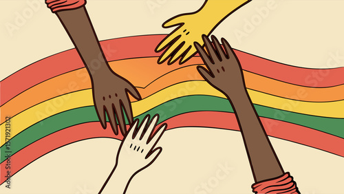 Diverse Hands Connecting Over Rainbow Banner for Unity, Inclusion, and Multiculturalism