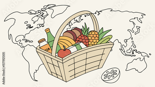 Global Food Basket Illustration on World Map Background Representing International Cuisine and Trade