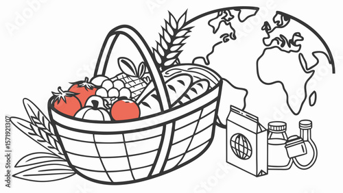 Global Food Supply and Sustainability Illustration with Basket of Produce, World Map, and Scientific Research Line Art