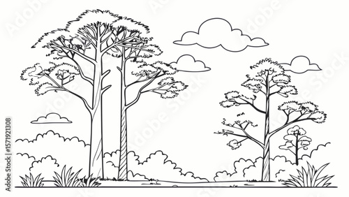 Simple Forest Landscape Line Art. Black and White Nature Scene with Tall Trees, Bushes, and Clouds. Coloring Book Page.