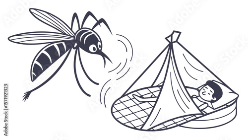 Mosquito approaching person sleeping under net, illustrating insect bite prevention and disease protection