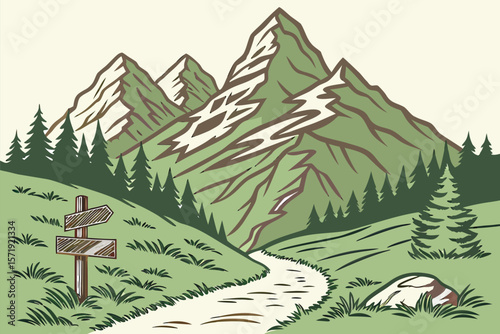 : Mountain Range with Zigzag Hiking Path - Scenic Route Vector