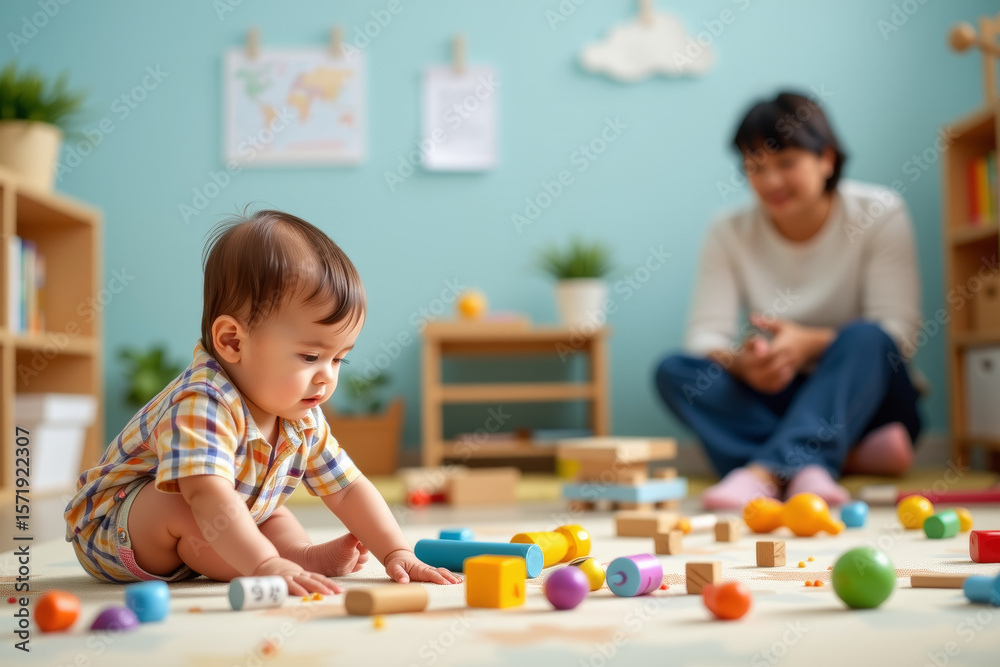 Fototapeta premium Baby playing with colorful blocks in bright room