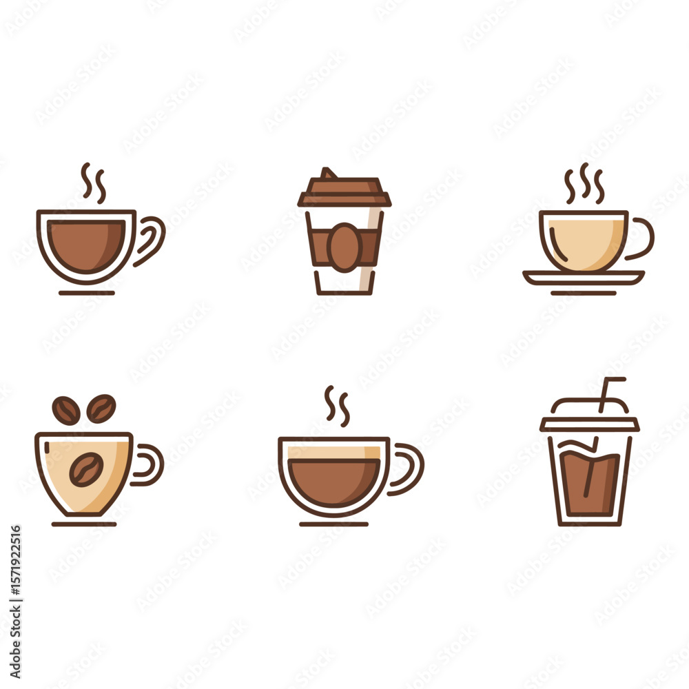 Obraz premium Coffee Shop Icon Set Warm Brown Line Art Style Various Coffee Drinks Take Away Cups Cozy Cafe Mood