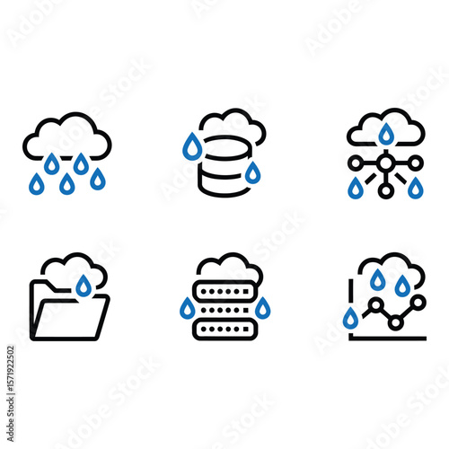 Cloud Data Backup and Recovery Modern Line Icons Set Blue and Black