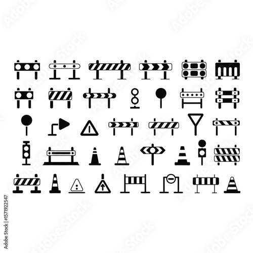 Collection of Black and White Road Construction Icons Warning Signs Barriers and Traffic Cones