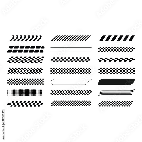 Collection of Black and White Racing Stripes Checkers and Geometric Design Elements for Graphic Design Projects