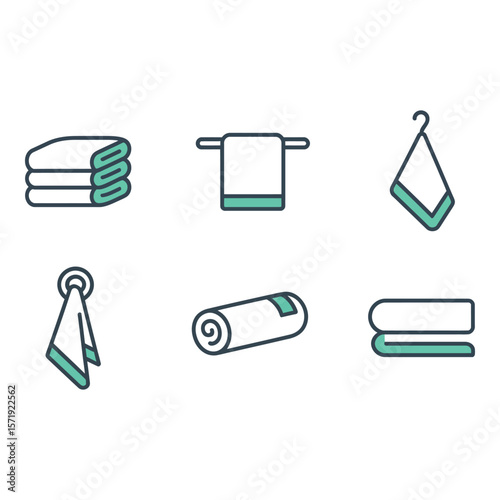 Clean Minimalist Towel Icons Stacked Rolled Hanging and Folded Designs in Teal and Beige