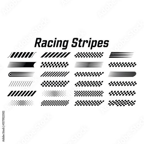 Collection of Dynamic Black and White Racing Stripes Speed Motion and Checkers Graphics for Design Projects