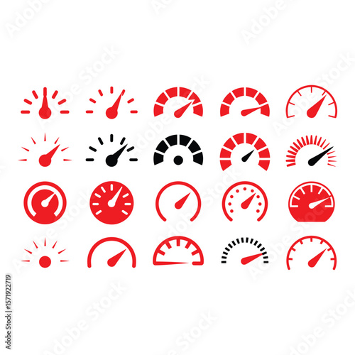 Collection of Red and Black Speedometer Icons Modern Minimalist Design Performance and Speed Measurement Graphics