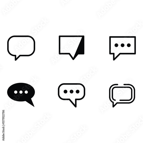 Collection of Six Bold Black Speech Bubble Icons Minimalist Communication Symbols for Web and App Design