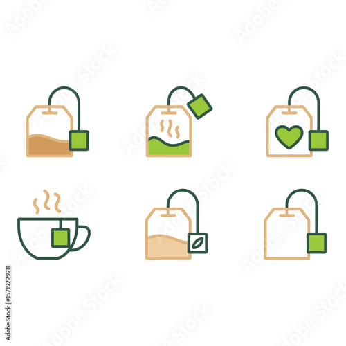 Collection of Six Modern Tea Bag Icons Warm Calming and Minimalist Line Art Style