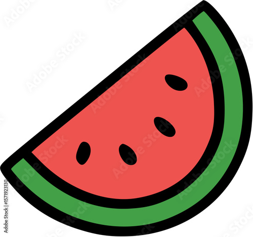 Cartoon Watermelon Slice with Seeds and Green Edge