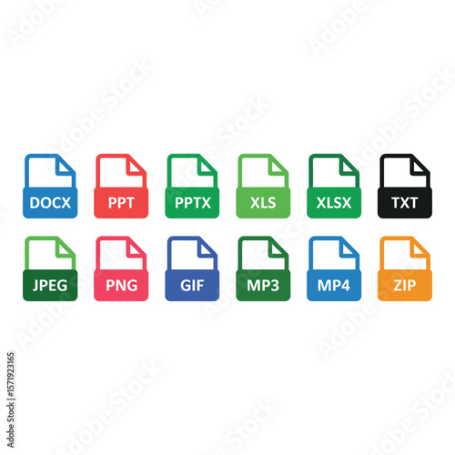 Colorful File Format Icons DOCX PPT PPTX XLS XLSX TXT JPEG PNG GIF MP3 MP4 ZIP Modern Flat Design