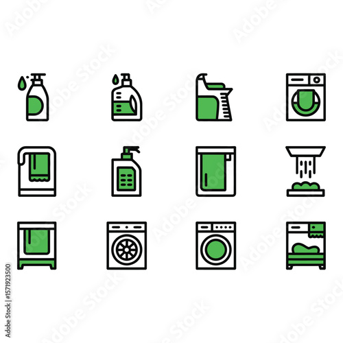 Green and black line icons laundry cleaning supplies washing machines dryers and fresh towels