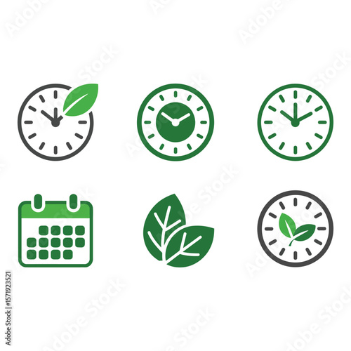 Green Eco Time Management Icons Clocks Calendar Leaves Sustainable Schedule Concept