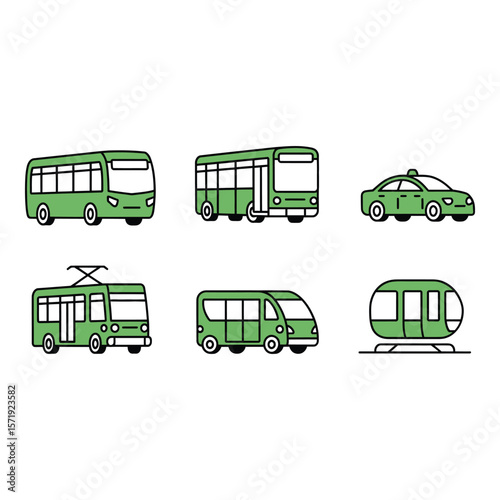 Green Public Transportation Icons Bus Trolley Van Taxi and Train Vector Set