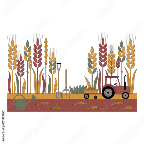 Harvest Season Stylized Wheat Field with Tractor Farm Tools and Autumnal Colors