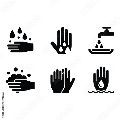 Hygiene Icon Set Clean Hands Washing Soap Water Minimalist Black Glyphs