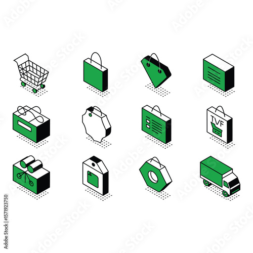 Isometric Green and Black Shopping Icons Retail Packaging Delivery Truck and Price Tags