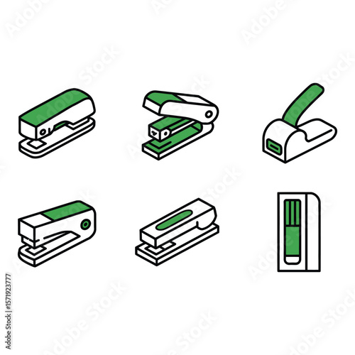 Isometric Green and White Staplers Office Supply Icons Modern Design Clean Minimalist Style