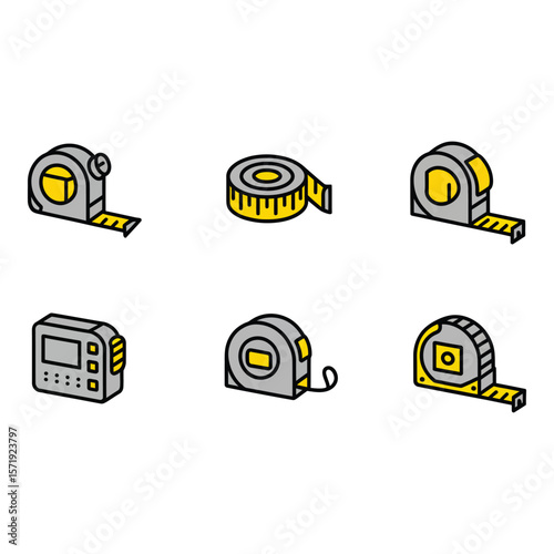Isometric Icon Set Six Yellow and Gray Measuring Tapes and Digital Tape Measure Construction Tools Measurement Equipment DIY Project Home Improvement