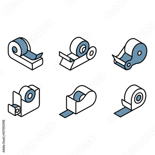 Isometric Style Adhesive Tape Dispenser Icons Modern Clean and Minimalist Design for Office and Craft Supplies
