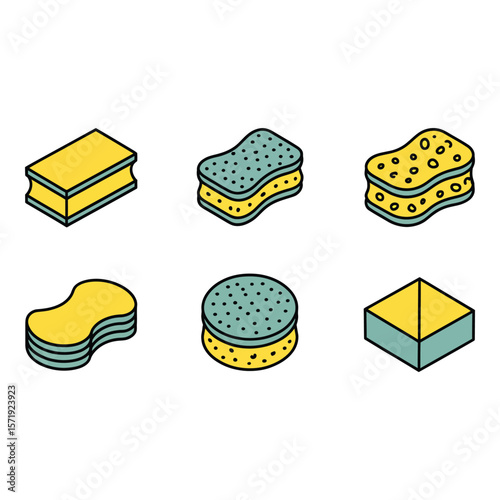 Isometric Sponges Yellow and Teal Cleaning Supplies Icons Household Cleaning Bright and Cheerful Design