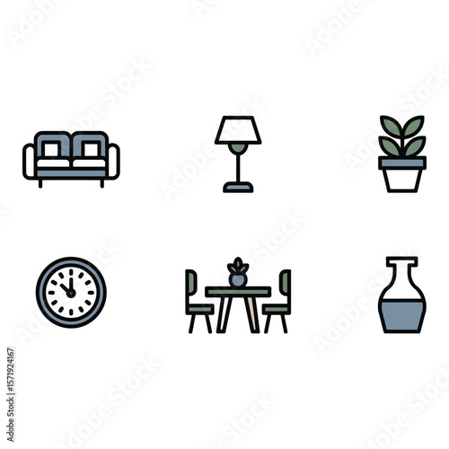 Modern Home Interior Icons Minimalist Line Art Style Calm and Serene Mood Cozy Living Room and Dining Room Elements