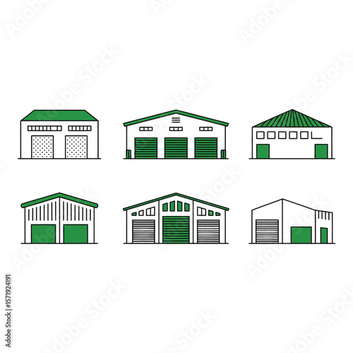 Modern Green Warehouse Building Icon Set Simple Line Art Illustrations for Business Real Estate and Industrial Design Projects