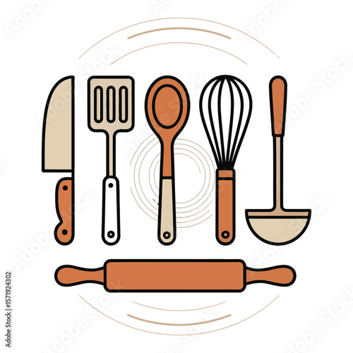 Modern minimalist line art kitchen utensil icons chef s knife spatula wooden spoon whisk ladle rolling pin warm neutral color palette
