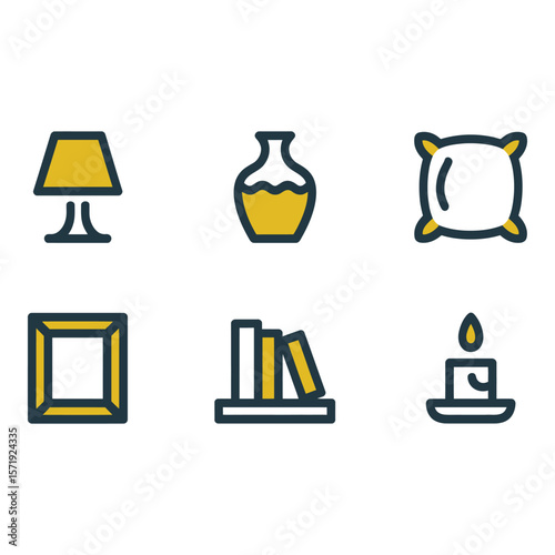 Modern minimalist home decor icons lamp vase pillow frame books candle yellow and navy blue calm mood