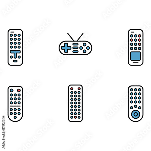 Modern Minimalist Remote Control Icons TV Gamepad and Universal Remotes Flat Design Blue and Red Accents