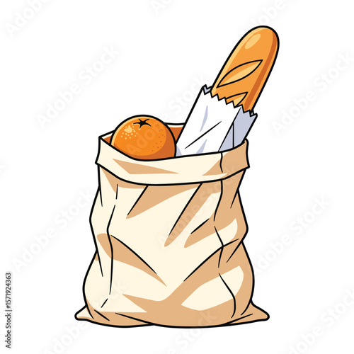 Groceries in a Paper Bag Illustration: Orange and Bread Fresh Food Market Scene