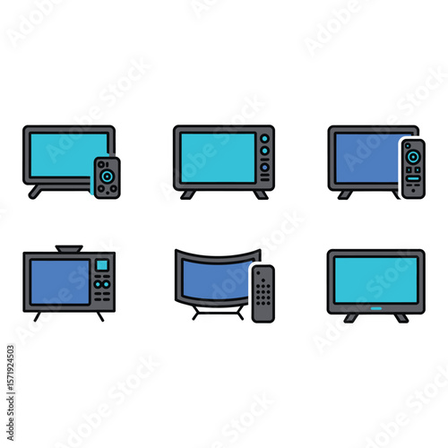 Modern Television Icons Flat Design Blue and Gray Color Scheme Remote Controls Included
