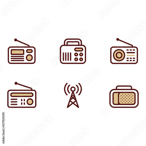 Retro Radio Icons Vintage Broadcast Communication and Technology Line Art Set