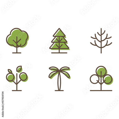 Simple Line Art Icons Diverse Tree Set Green and Brown Nature Ecology Theme